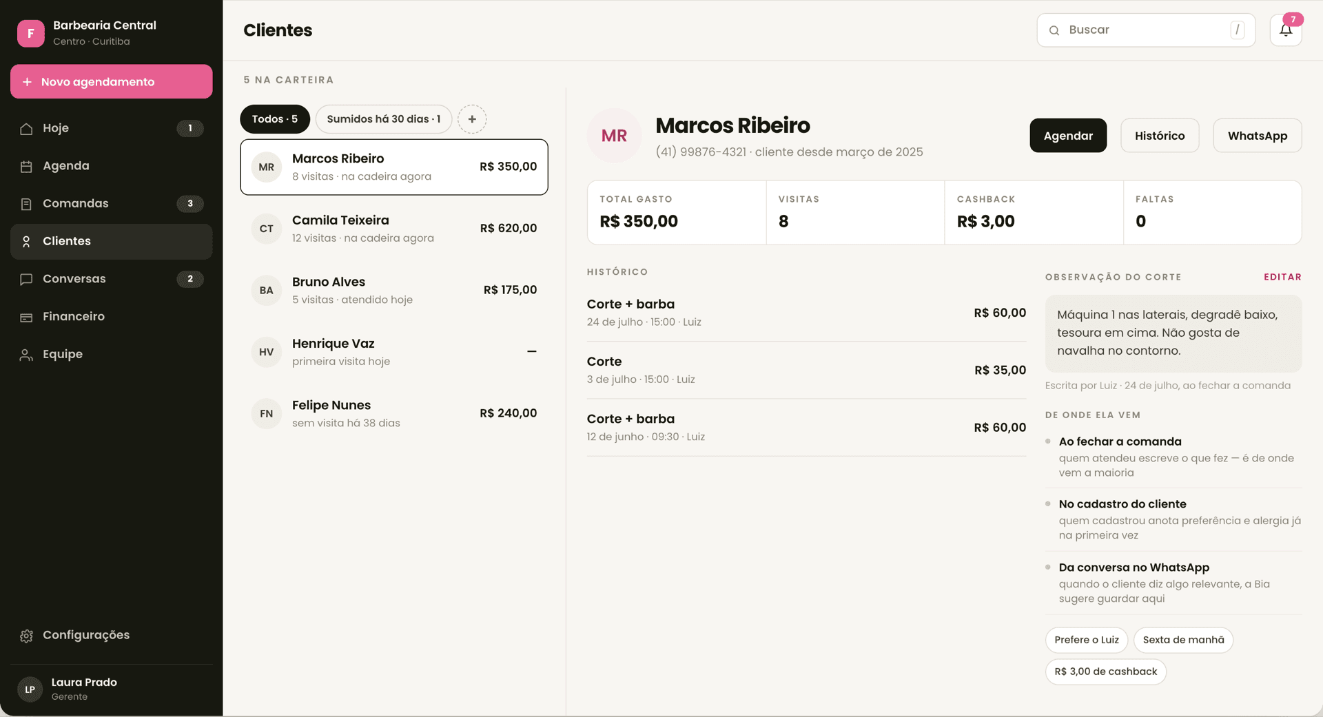 Tela Clientes da Flowo: lista com o filtro Sumidos há 30 dias, o cadastro de um cliente com total gasto, visitas, cashback, faltas, histórico e observação do corte