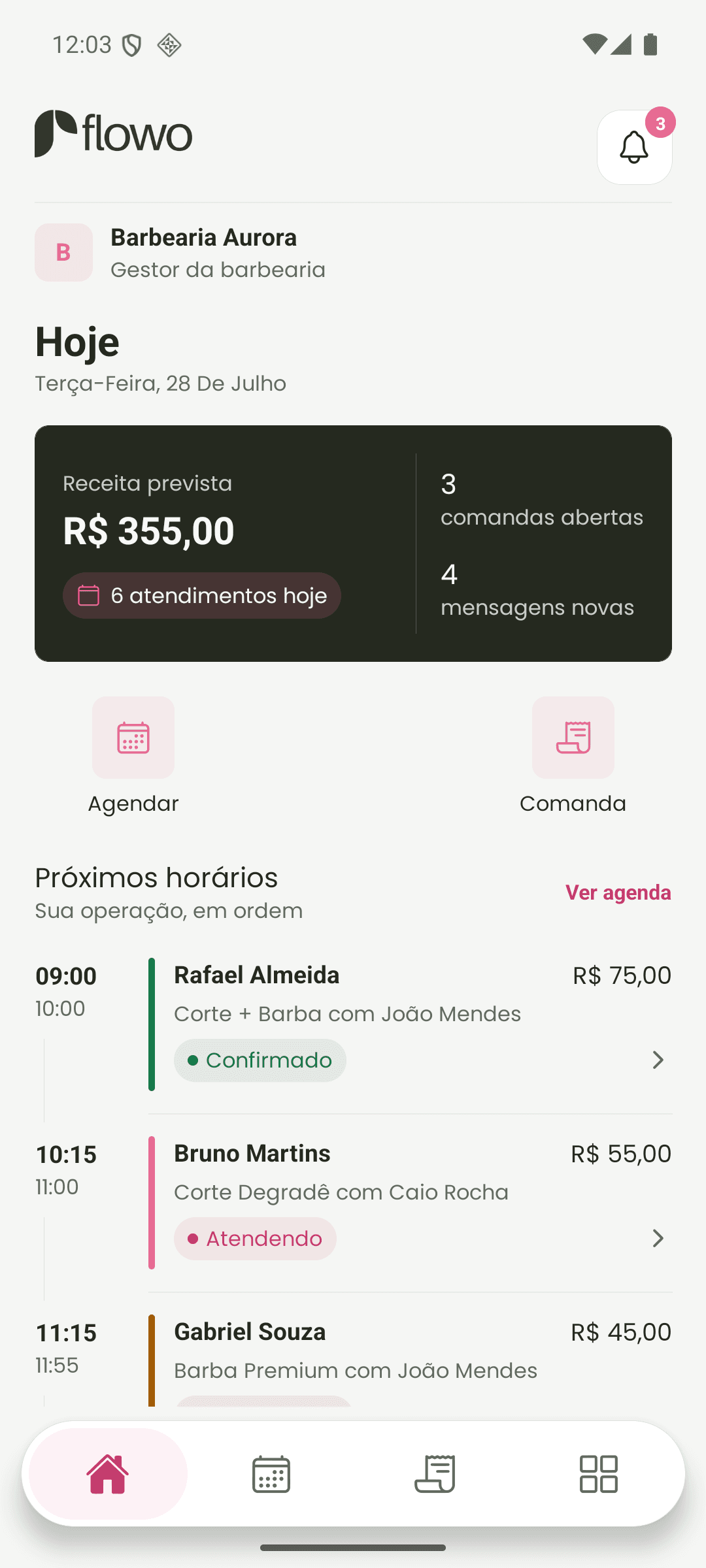 Tela inicial do aplicativo Flowo com os próximos horários da barbearia