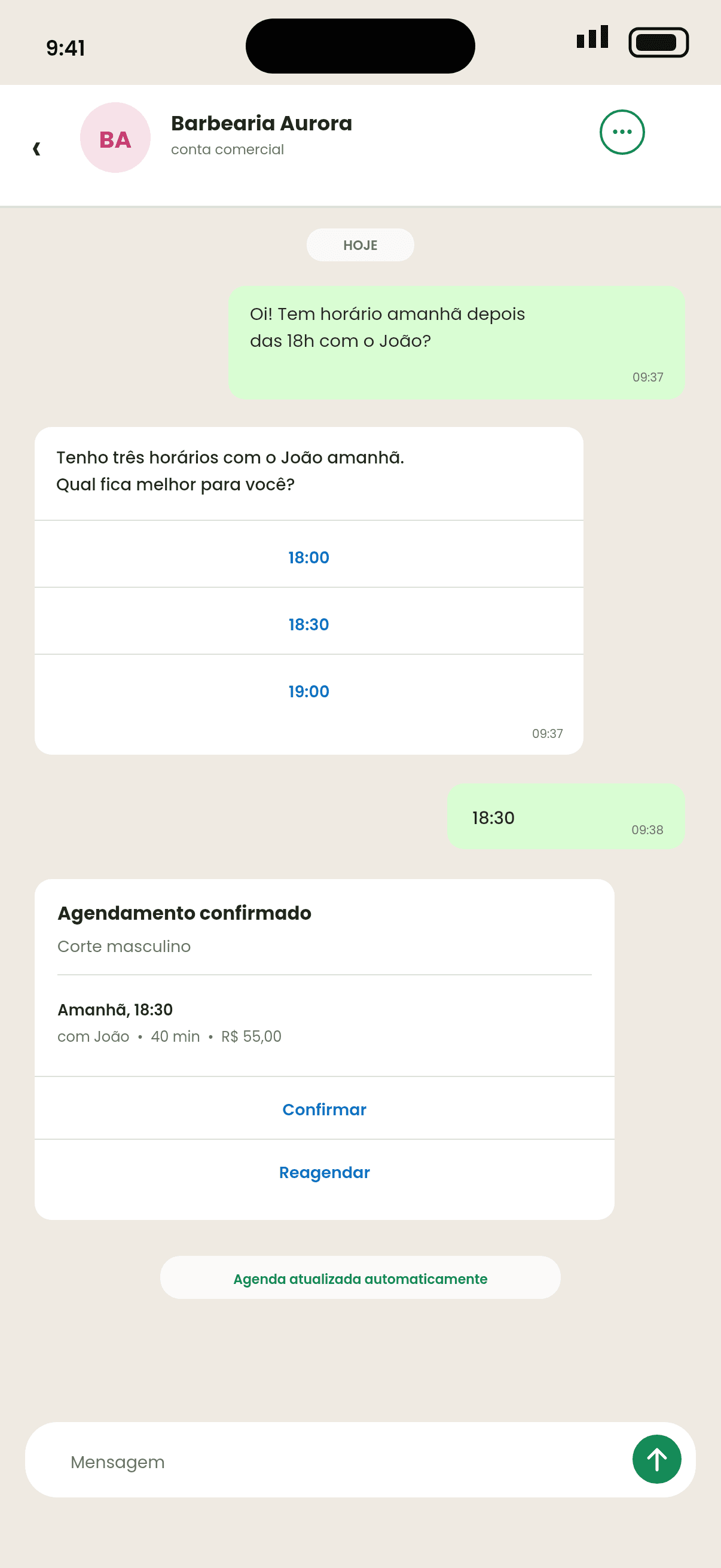 Conversa demonstrativa em que a IA da Flowo oferece três horários e confirma o agendamento